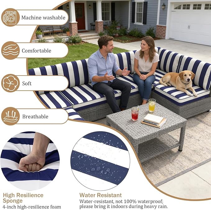 14 Pcs Outdoor Replacement Cushions for Patio Furniture, All Weather Water Resistant Cushion for 6 Seat Rattan Wicker Sectional Patio Conversation Sets and Couch (Blue Stripe)