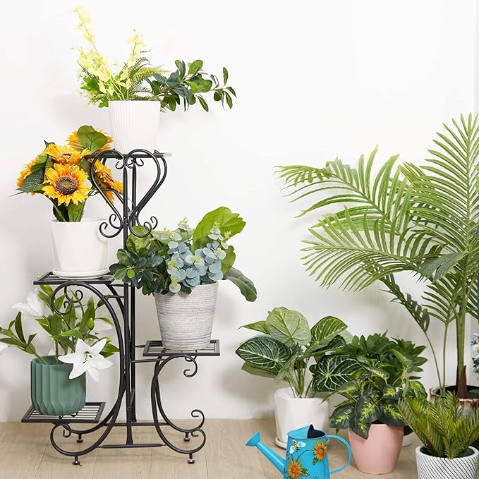 unho Metal Plant Stand Black: 4 Tier Flower Pot Display Rack with Potted Planter Shelves Indoor Storage Shelf Holder for Balcony Living Room Patio Garden Entryway Décor (Black)