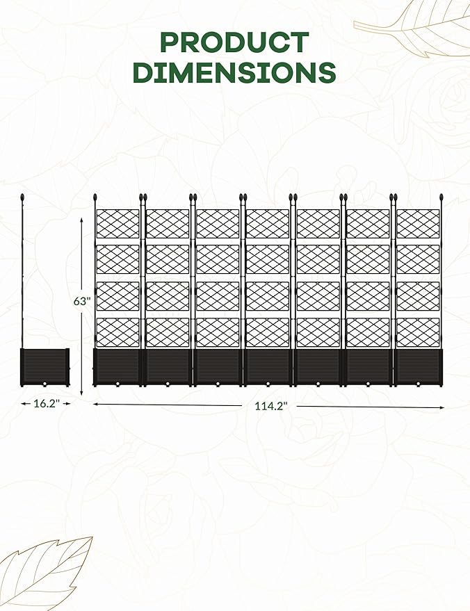 7 PCS Raised Garden Bed with Trellis, 114"LX16"WX63"H Plastic Planter Box for Climbing Plants, Outdoor Vertical Garden with Privacy Screen for Patio, Balcony, Backyard – Sturdy & Lightweight