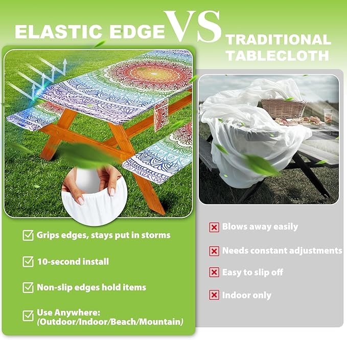 Picnic Table Cover with Bench Covers Vinyl Elastic Edges Fitted Rectangle Seat Tables Waterproof 3-Piece72X30in Set Outdoor Rectangular Folding Backing Tablecloth for Camping Over Size
