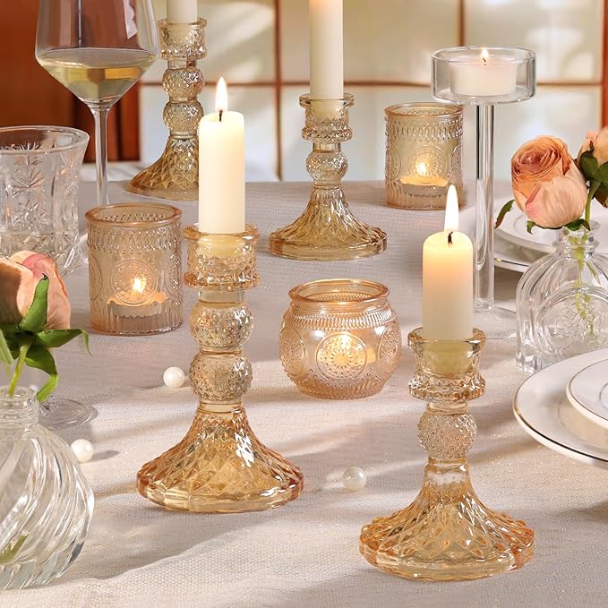 DARJEN Gold Glass Candlestick Holders Set of 6, 4" H & 5" H Taper Candle Holders for Candlesticks & Pillar Candles, Diamond Candle Holders for Wedding Party Table Centerpiece, Home Decor
