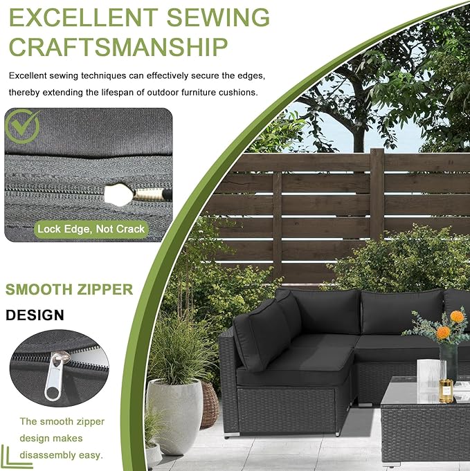 14Piece Outdoor Sofa Cushion Replacement, Patio Furniture Waterproof Cushion with Zippers, fit 6-Seat Outdoor Wicker Rattan Sectional Couch (Black, 23.6"x23.6"x3.9")