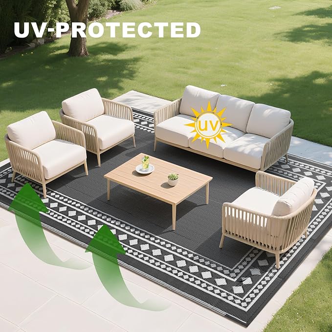 RURALITY Outdoor Rugs 6x9 Waterproof for Patios Clearance,Plastic Straw Mats for Backyard,Porch,Deck,Balcony,Grey and White