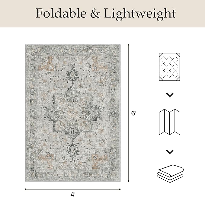 GENIMO Outdoor & Indoor Area Rug 4'x6', Waterproof, Non-Shedding, Easy Cleaning, Boho Mat for Patio, Living Room, Balcony, Dining Room, RV, Deck, Bedroom, Camping, Outside Carpet,Light Grey Brown