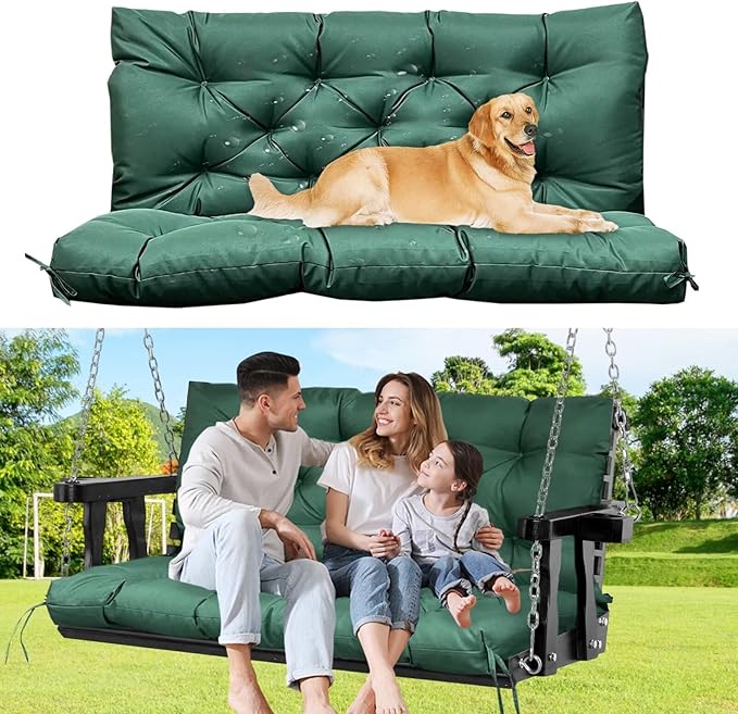 60" Porch Swing Cushion with Backrest, Waterproof Outdoor Bench Swing Cushions 3 Seater Replacement Thickened Swing Cushions with Ties for Patio Garden Backyard,Dark Green,60x40in