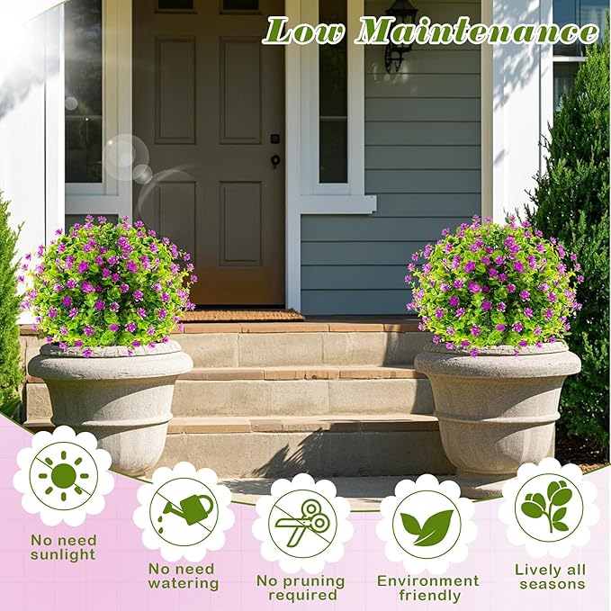 Yunlly 6 Pcs Outdoor Artificial Topiary Ball Trees 22" with Colorful Flowers, Boxwood Fake Bushes Shrubs with Spike, UV Resistant Evergreen Plants for Front Porch Garden Decor (Purple)