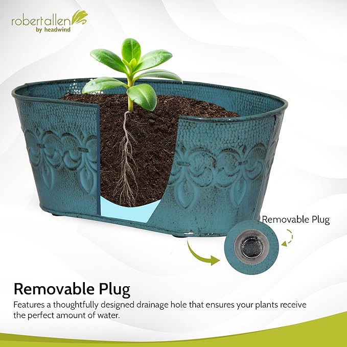 Headwind Ironlite Fleur De Lis Collection – 10" Surf Blue Oval Decorative Planter with Drain Plug – Lightweight Metal Garden Pots for Indoor & Outdoor Planters Use by Robert Allen
