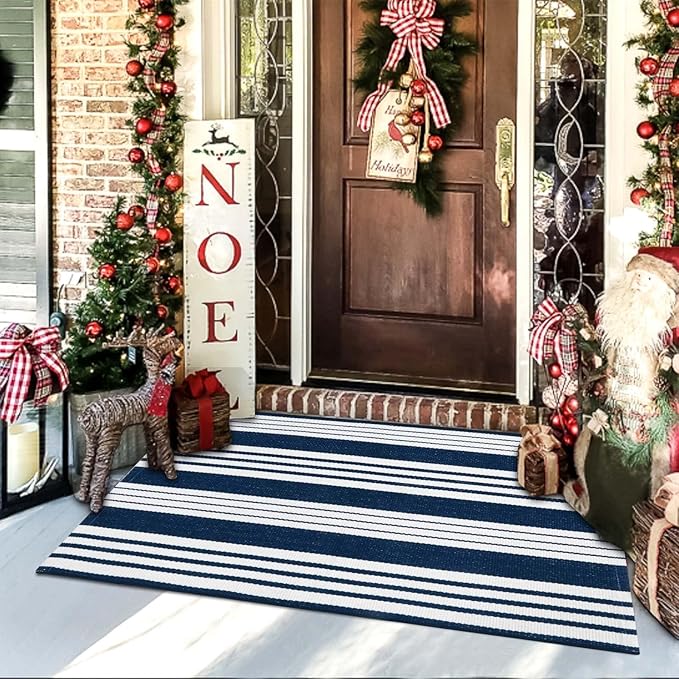 OJIA Blue and White Outdoor Rug 3'x5' Cotton Woven Striped Front Porch Rug Machine Washable Indoor Outdoor Rugs Farmhouse Entry Rug Layered Door Mat for Entryway/Kitchen/Front Door Entrance Decor