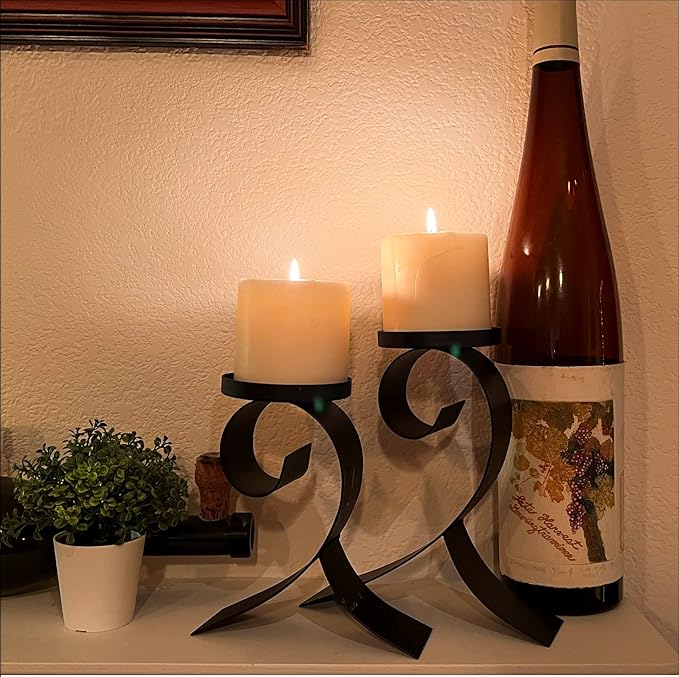 Lily’s Home Contemporary Scrollwork Pillar Candle Holders, Steel, Black Iron Candle Stands, Set of Two. Candles NOT Included