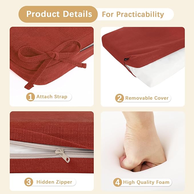 Favoyard Outdoor Bench Cushion 59 x 16 Inch Rainproof Patio Furniture Cushions 3-Year Color Fastness Garden Settee Porch Pads with Ties, Red