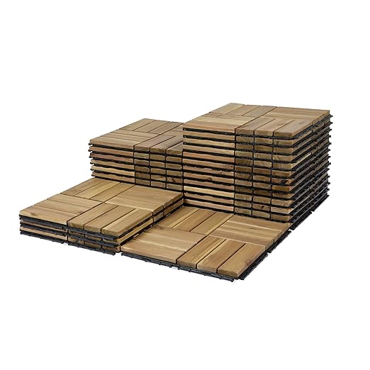 Acacia Wood Flooring Interlocking Deck Tiles for Patio Decor 27 Pcs 12 Slats VR White Oak - Waterproof Indoor & Outdoor Decor - Balcony Garden Decking Tile (12.2 * 12.2 * 0.7 inches)