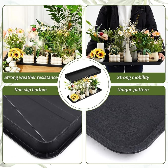 4 Pack Black 24 x 8.2 x 0.8 Inch Rectangle Plant Saucer Large Plastic Plant Tray Water Drip Trays for Windowsill Flower Pot Planter Drainage Germination Garden Outdoor Indoor Use
