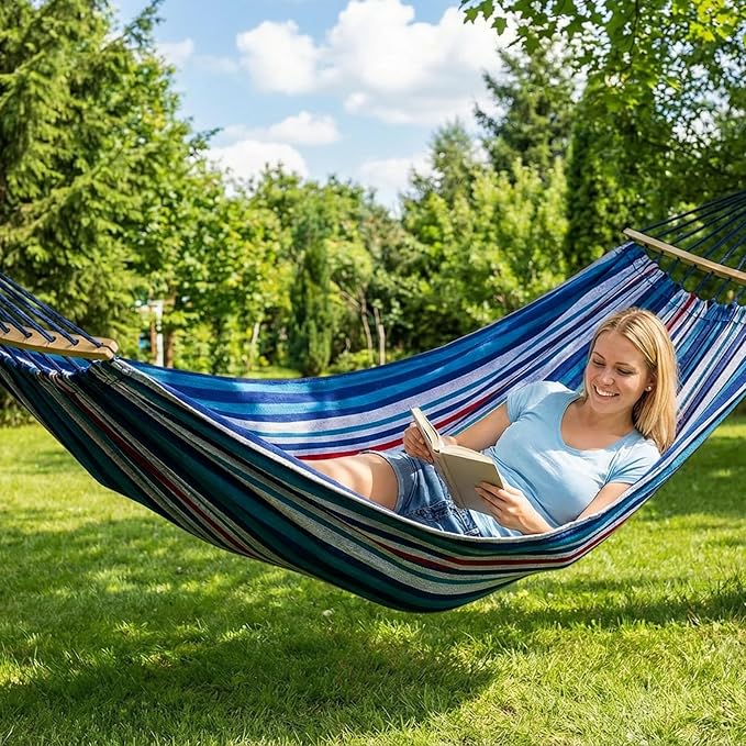 Anyoo Garden Cotton Hammock Comfortable Fabric Hammock with Spreader Bar Sturdy Hammocks Up to 450lbs Portable Lightweight Hammocks with Travel Bag for Camping Outdoor/Indoor Patio Backyard
