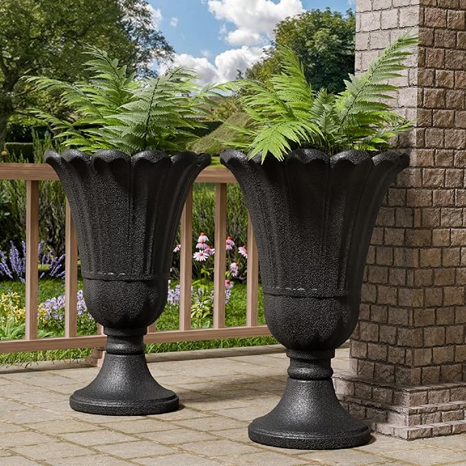 23.6" Tall Plastic Urn Planters for Outdoor Plants, Set of 2 Heavy-Duty Classic Indoor Large Flower Pots with Drainage Holes & Petal Design, Outdoor Planters for Porch, Home Garden, Black