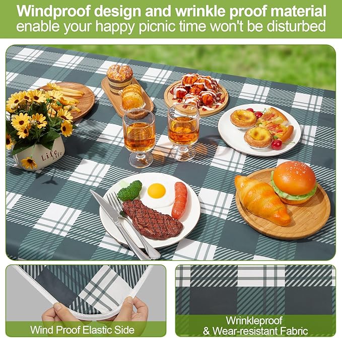 Picnic Table Cover with Bench Covers 6FT 3 Pcs Waterproof Windproof Aesthetic Camping Tablecloth with Drawstring Bag, Fitted for 6 Foot Rectangle Tables and Seats, 72 inch, Blue Green Checkered