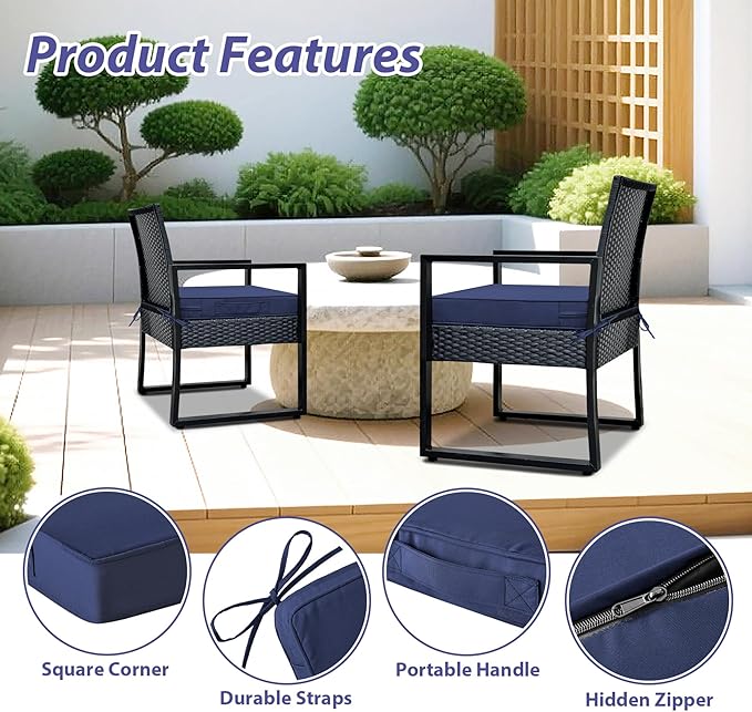 Outdoor Chair Cushions Set of 4 -Waterproof Outdoor Seat Cushions for Patio Furniture, Patio Chair Cushion with Handle and Ties, Square Out Door Chair Pads,18.5" x 16" x 3", Navy Blue