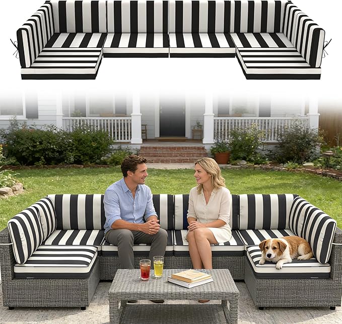 14 Pcs Outdoor Replacement Cushions for Patio Furniture, All Weather Water Resistant Cushion for 6 Seat Rattan Wicker Sectional Patio Conversation Sets and Couch (Blackstripe)