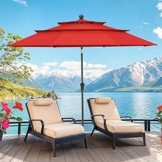 ONBRILL 10 FT Patio Umbrella, 3 Tier Outdoor Table Umbrella with 8 Sturdy Glass Fiber Ribs and Push Button Tilt, Outdoor Patio Umbrellas for Market Pool Garden Backyard, 1.5" Pole, Red (No Base)