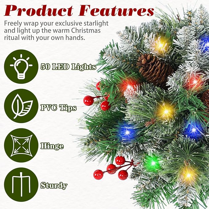 Lighted Artificial Christmas Urn Filler, 2 Pack Small Xmas Pine Tree Outdoor Decorations with Cones, Red Berries & 50 LED Lights, Light Up Planter Filler Decor for Porch Yard, Garden, Cemetery