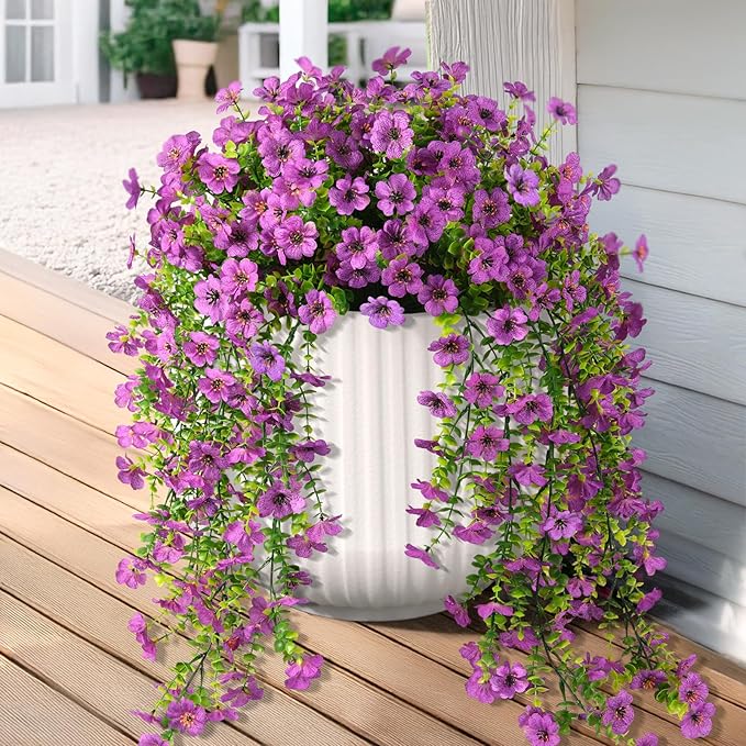 Artificial Hanging Flowers for Outdoors, 2 Pcs Fake Hanging Plants Spring Summer Decor, UV Resistant No Fade Faux Silk Daisy Flower for Planter Front Door Porch Patio Yard Garden(Purple)