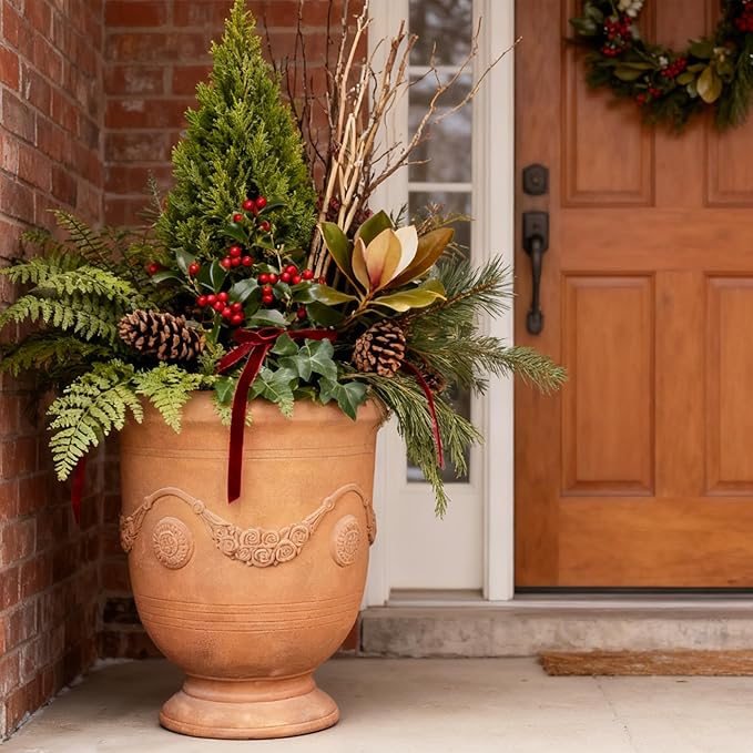 Planters for Indoor & Outdoor Plants, 16.5" Large Magnesium Oxide Urn Planter with Drainage Hole, Decorative Unique Garden Plant Pots for Front Porch & Home Decor, Rust Color