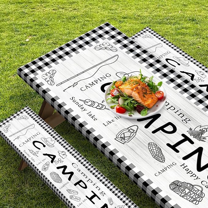 Picnic Table Cover with Bench Covers Elastic Edges, Farm Plaid Fitted Table Cover, Outdoor Patio Camping Essentials 96 Inch 3PCS, Waterproof Camping Fitted Tablecloth with Drawstring Bag