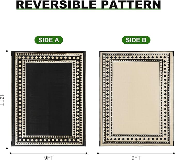 RURALITY Outdoor Rug 9x12 Waterproof for Patio Clearance,Large Plastic Straw Mat for Camping,Porch,RV,Black and Beige