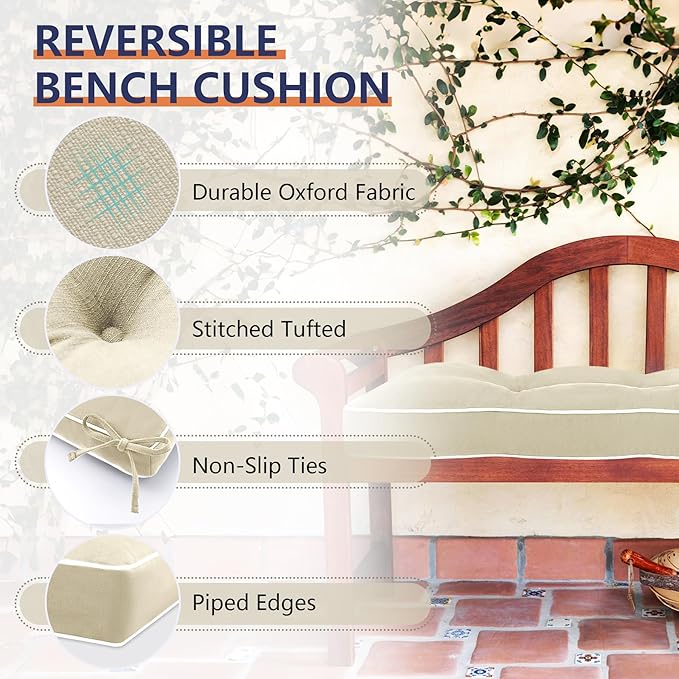 Favoyard Indoor/Outdoor Bench Cushion 48 x 16 Inch Waterproof & 3-Year Fade-Resistant Patio Furniture Cushions for Garden Porch Swing Chair Tufted Pad for Sofa Couch Seat with Ties, Beige