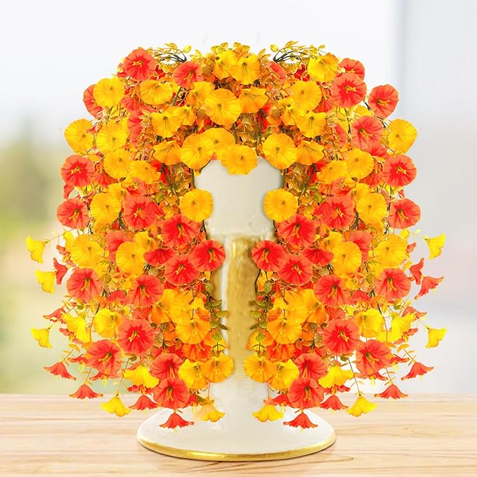 2PCS Artificial Hanging Flowers Outdoors Fake mums Plants Garden Home Decoration Fall Decor Morning Glory for Outside Planter Front Porch Patio Indoor Home Wedding Garden Porch Window Decoration