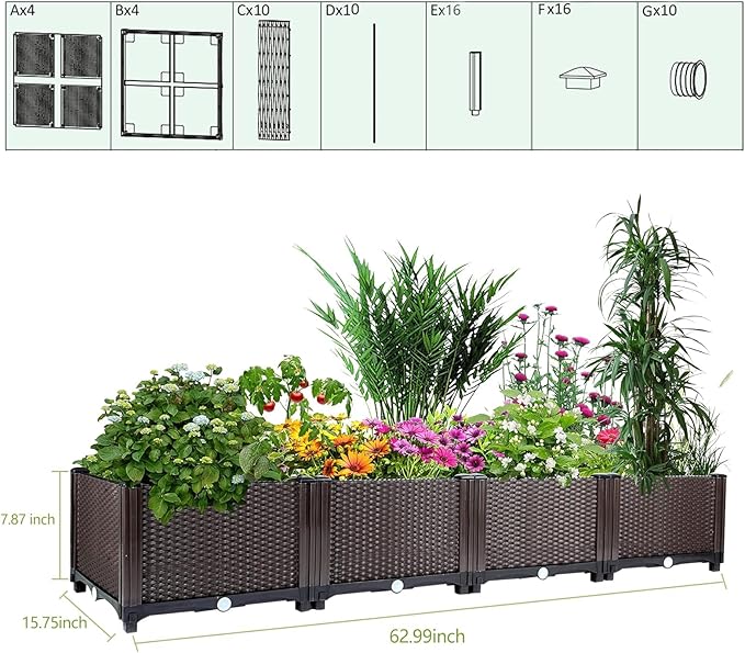 63"x16"x8" Large Outdoor Raised Planter Box, Self-Watering Rectangular Garden Bed with Drainage Plug, Deep Elevated Planter for Patio, Balcony, Deck