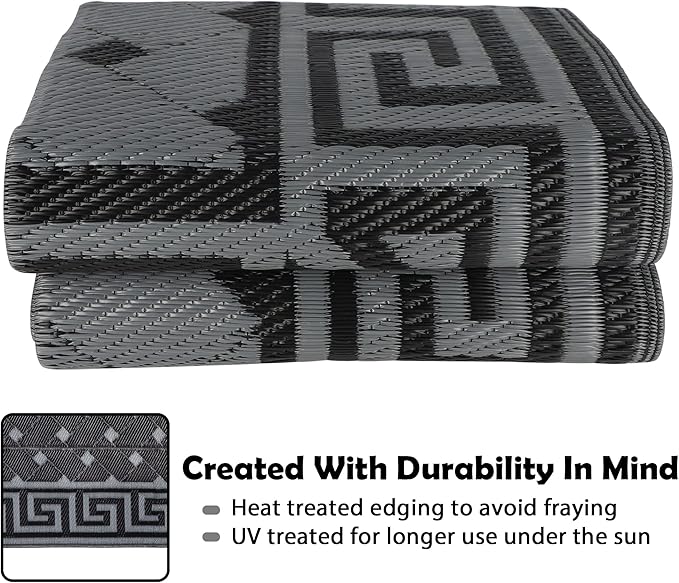 SAND MINE Reversible Mats, Plastic Straw Rug, Modern Area Rug, Large Floor Mat and Rug for Outdoors, RV, Patio, Backyard, Deck, Picnic, Beach, Trailer, Camping (5' x 8', Black & Grey)