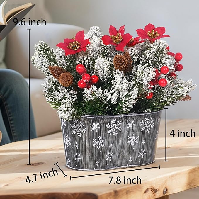 Christmas Centerpiece Table Decorations, Artificial Norfolk Pine with Poinsettia Flowers, Pine Cones & Berries in Metal Planter, Dining Table & Coffee Table Centerpiece for Christmas Décor, 1-Pack