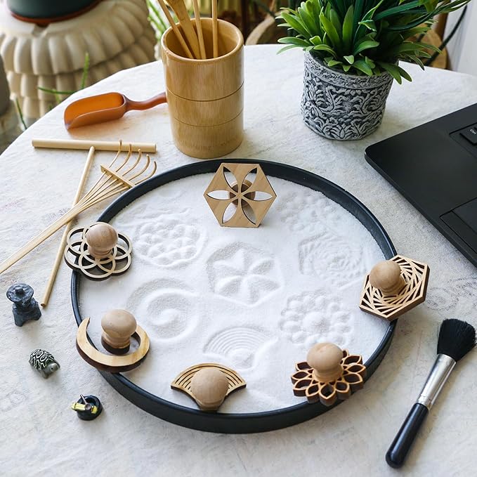 Zen Garden Rake Stamp Tools - Meditation Rock Sand Garden Accessories – Office Desktop Mini Zen Gifts for Man Women Bamboo Rakes Holder Brusher Spoon Figurines