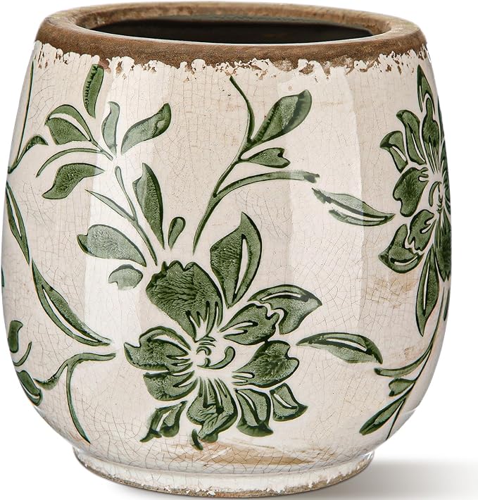 Vintage Ceramic Flower Pot with Ice Crackle Rustic Planter with Drainage Holes for Indoor and Outdoor Decor Home Living Room Garden Decor Gardening Gift(Rustic Style)