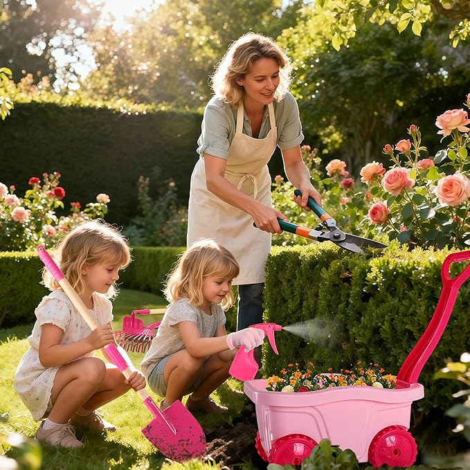 Duckura Kids Gardening Tools Set - 7pcs Wheelbarrow Set for Kids with Shovel, Rake, Leaf Rake, Summer Outdoor Yard Digging Weed Toys, Easter Birthday Gifts for Boys Girls Age 2 3+ Years Old(Pink)