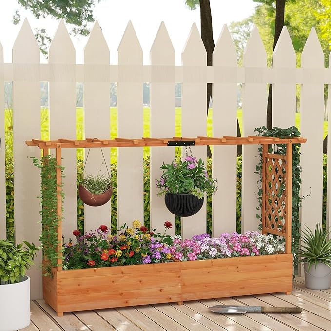 S AFSTAR 45-Inch Raised Garden Bed with Arch Trellis, Hanging Roof, Planter Box, Drainage Holes, Vertical Plant Container for Vine Climbing Plant Flower, Standing Wood Planter for Garden Patio Yard