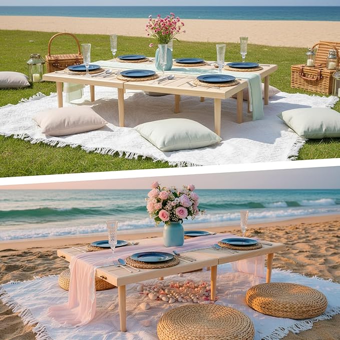 2 Set Low Picnic Table, Foldable Boho Picnic Table with Extra Large Outdoor Camping Blanket Portable Boho Wood BBQ Tables for Camping Wedding Beach BBQ Party (for 4 Person,Wood Color)