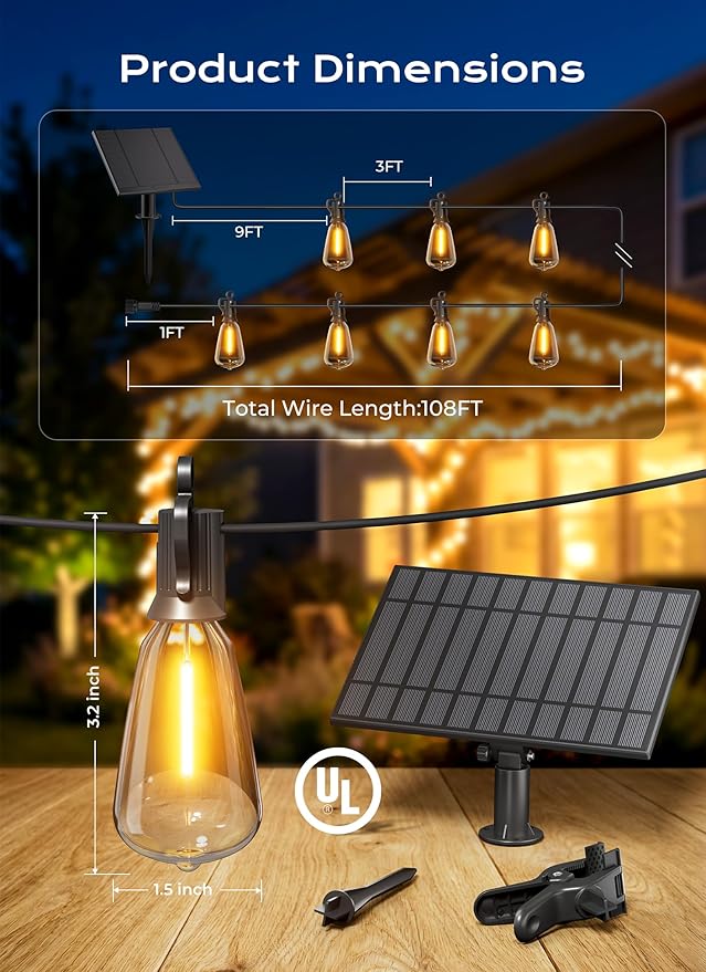 Brightown 108FT Solar String Lights Outdoor Waterproof, Patio Lights with Remote and 50+2 LED Shatterproof Bulbs, Dimmable & Timable, 3 Light Modes, Solar Lights Outdoor for Yard Camping Party Outside