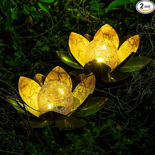Garden Solar Lights Outdoor(2Pack), Amber Crackle Globe Glass Lotus Decoration, Waterproof Orange Metal LED Flower Lights for Patio,Lawn,Walkway,Tabletop,Ground, Garden Gifts for Women