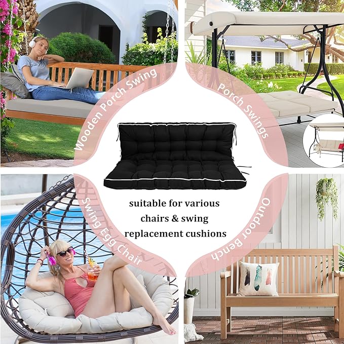 2-3 Seat Swing Replacement Cushion, Outdoor Bench Cushions with Backrest Thicken 4", Patio Furniture Garden Porch Loveseat Glider Pad Anti-Fading Waterproof (Black, 40x70in-thicken)