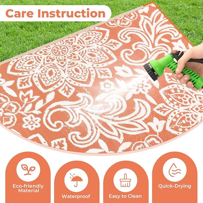 Findosom Waterproof Outdoor Rug 8' x 10' - Reversible Mandala Outdoor Plastic Straw Rug, Durable Foldable Patio Rug for RV, Deck, Balcony, Backyard, Picnic, Porch, Camping, Beach, Orange