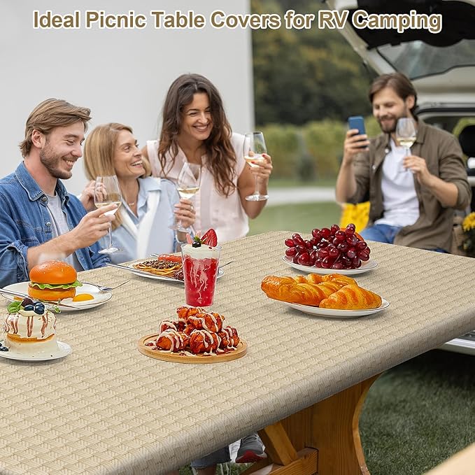 pickyNproud Picnic Table Cover with Bench Covers Portable Table Cloth Built-in Storage Pocket Picnic Table Covers with Elastic Waterproof Camping Essentials for RV Camping