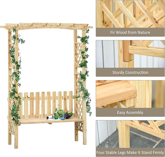 Outsunny Wooden Garden Arbor for Climbing Plants with Garden Bench, Garden Arch to Grow Grapes & Vines, Patio Decor & 2-Person Outdoor Wood Decorative Seating, Natural