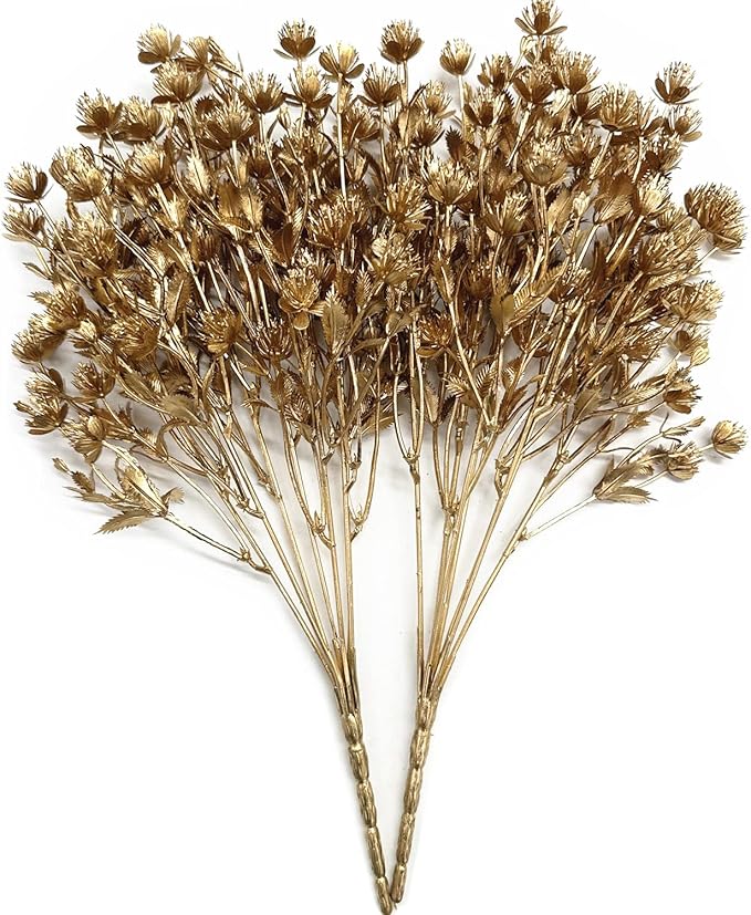 Artificial Golden Plants, Fake Baby Breath Flower Faux Gypsophila Shrubs Plastic Plant for Christmas Decor Wedding Party Indoor Home Hotel Hall Table Arrangements DIY Decoration - Gold Flowers 2 Pack