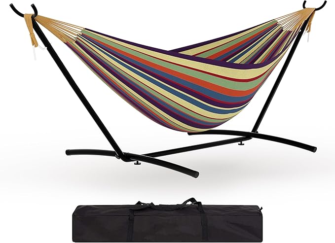 GarveeLife Instant-Setup 2-Person Hammock with Reinforced Steel Frame – Portable Outdoor Lounger for Garden, Camping & Beach (450 LB Capacity + Quick-Fold Carry Bag),Yellow Rainbow Stripe