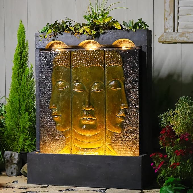 45" Outdoor Fountain Zen Buddha Face Wall Fountains and Waterfalls with Planting Groove for Meditation Room Balcony Home Garden Patio, Gold