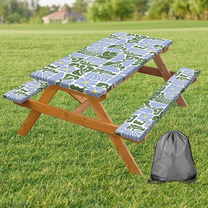 Picnic Table Covers with Bench Covers Boho Patchwork Blue Green Flower Pattern Camping Tablecloth Fitted Picnic Table Cover with Elastic Windproof Waterproof, Camping Accessories Outdoor, 96In 3PCS
