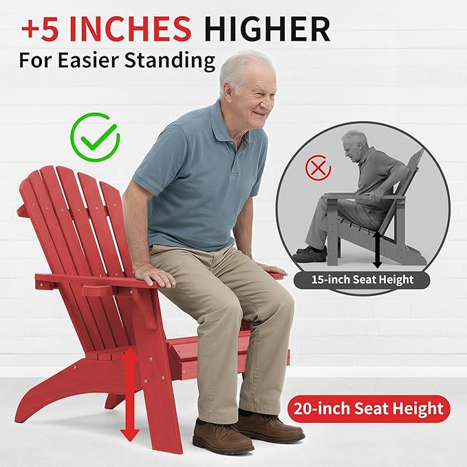 Psilvam Adirondack Chair, Oversized Poly Lumber Fire Pit Chair with Cup Holder, 350Lbs Support Patio Chairs for Garden, Weather Resistant Outdoors Seating, Relaxing Gift for Father & Mother (Red)