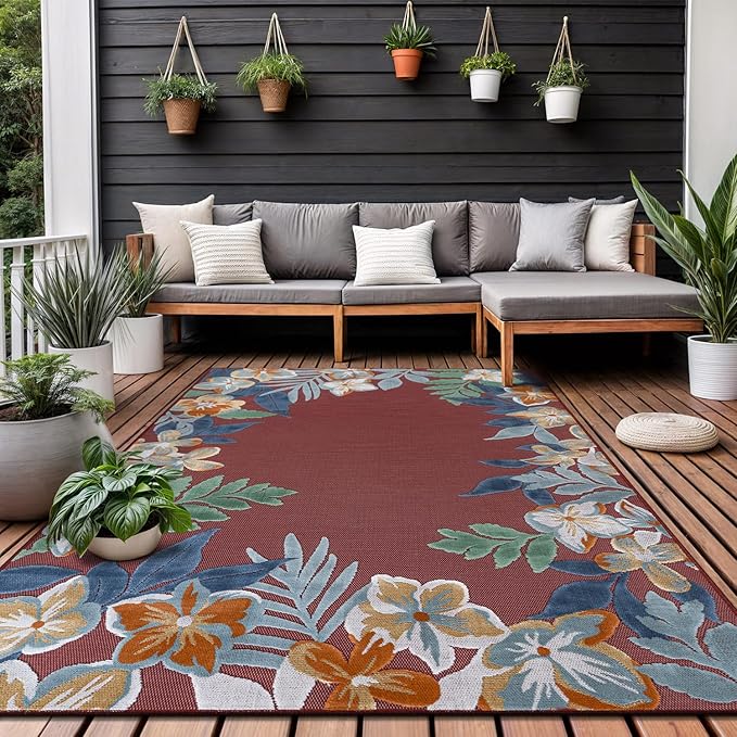Outdoor Rug 9x12 Washable Area Rugs Indoor Outdoor Carpets Red Border Floral Non Shedding Waterproof Easy Clean Patio Deck Porch Living Room Bedroom Garden RV (9 X 12 Red)