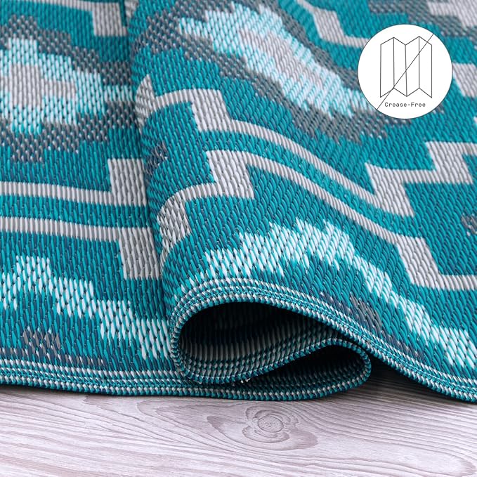 Fab Habitat Outdoor Rug - Waterproof, Fade Resistant, Crease-Free, Reversible - Premium Recycled Plastic - Vintage Boho Kilim - Patio, Deck, Porch, Balcony, Laundry Room - Lhasa - Teal - 4 x 6 ft